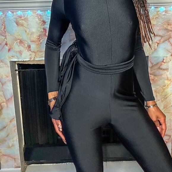 Custom Black Turtleneck Long Sleeve Capri Jumpsuit - Picture 3 of 4